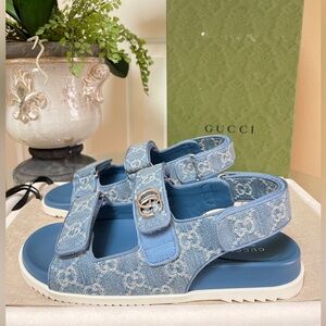 Gucci Double G Denim Sandals sz 40 NEW $990